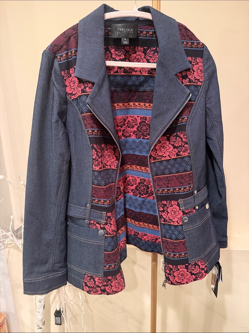 Carlisle Denim-Style Womens Jacket in Navy with Pink Floral Lining 2 0035